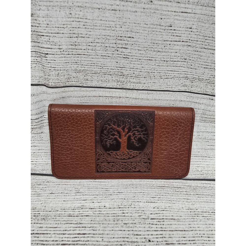 Oberon Design Pebbled Leather Check Book Cover - Brown With Tree